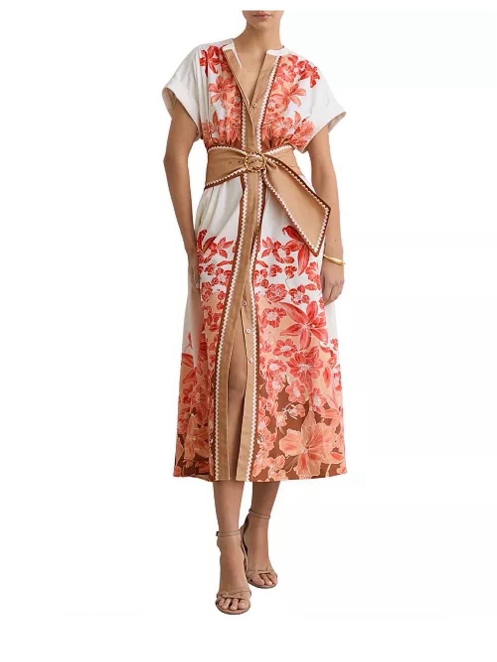 Reiss Sawyer Dress.   Coral Floral Belted Midi Dress with Tan Belt
